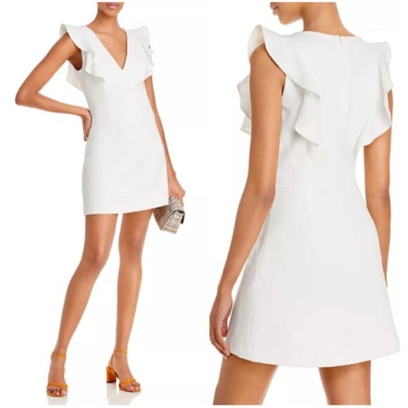 Donna Morgan White V-Neck Sleeveless Ruffle Shoulder Mini Dress Size 14 - Picture 1 of 8